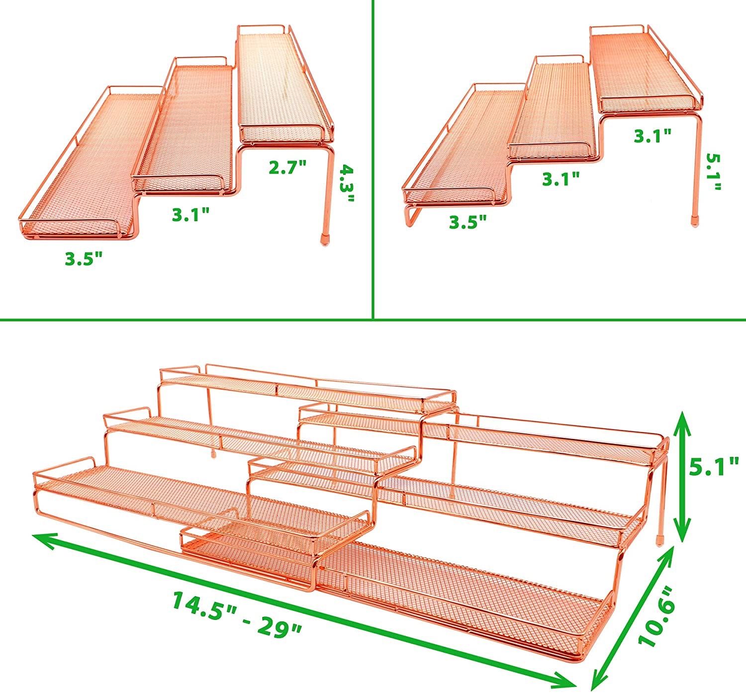 DOTORYDESIGN 3 Tier Wide (10.6 Inches) Expandable Cabinet Spice Rack Organizer (14.5" to 29.1") - Step Shelf with Protection Railing,Copper  DOTORYDES