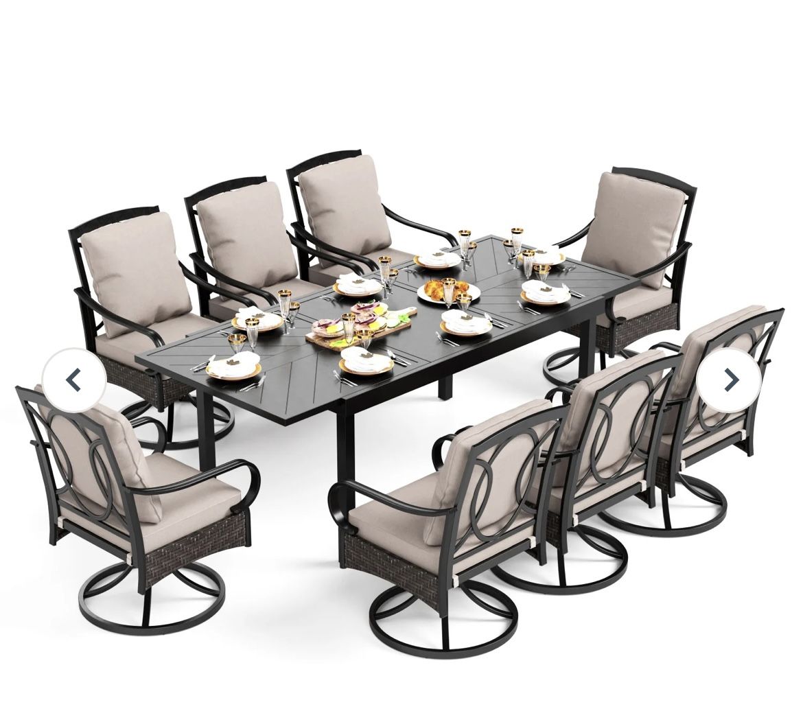 9-Piece Outdoor Dining Set With Extendable Table & Rattan Swivel Chairs