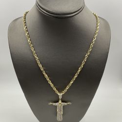 10KT YELLOW GOLD 24” ROPE LINK CHAIN 28.6GR W/10KT YELLOW GOLD JESUS CHARM W DIAMONDS APRRX 2.00ct TDW 7.7GR