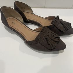 CL By Laundry Brown Pointed Toe Fringe Flat, Size 7.5