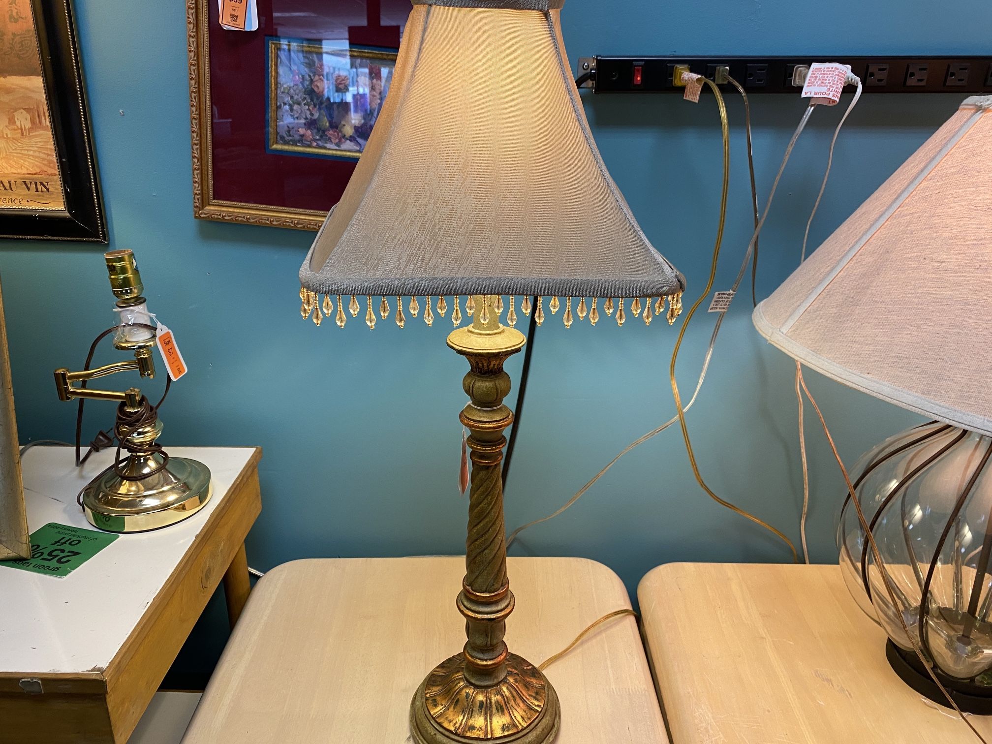 BERMAN Vintage Table Lamp w/ Faux Beaded Gem Lamp Shade