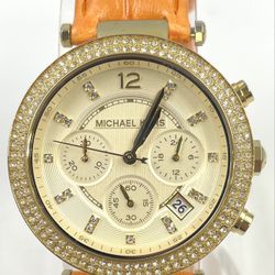 Michael Kors Parker Womens Chronograph Gold Dial Orange Leather Wristwatch 