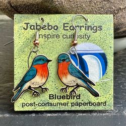 🕊️ Fun bluebird earrings made by Jabebo in Pennsylvania using recycled cereal boxes