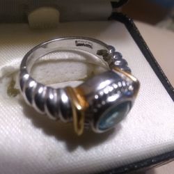 Aquamarine 💯925 Italian Silver Ring 💍 14 Kt Gold.Size 7🆕