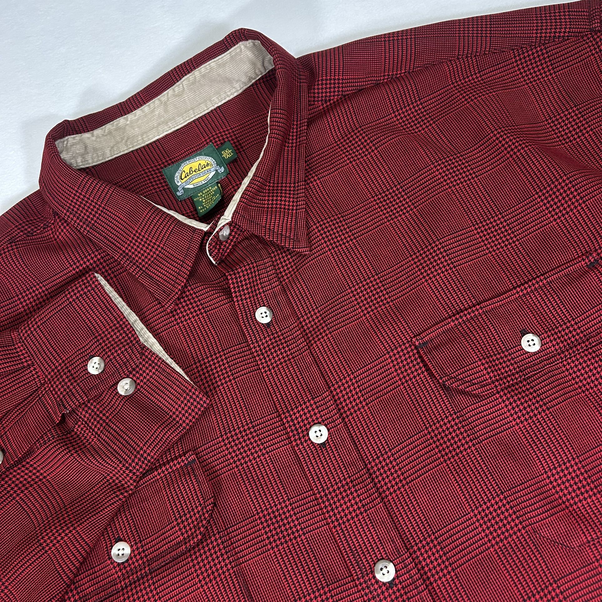 Cabelas Mens 5XLT Red Black Plaid Long Sleeve Button Up Big & Tall Shirt