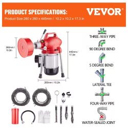 Drain Cleaner Machine 120FT x 5/8 Inch, 370W Electric Sewer Snake Auger Manual Feed - with 2 Sectional Steel Cables(120' x 5/8" and 23' x 3/8"), 7 Cut