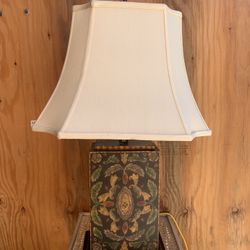 Antique Painted Wood Ornate Table Lamp with Fabric Shade