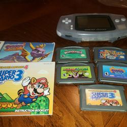 Original Nintendo Gameboy Advance Bundle AGB-001 Glacier Purple Clear - Mario And Luigi Superstar Saga Wario Land 4 Super Mario Bros 3 Spyro Fortress