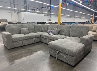 XL sectional Sofa with pull-out bed & double storage grey corduroy