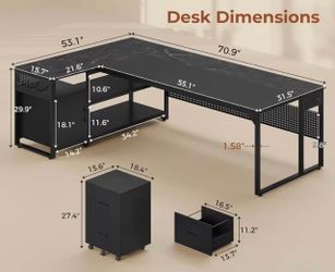 🥨71" Executive Desk, Reversible L Shaped Desk with Mobile File Cabinet & Power Outlets, Large Office Desk with Drawers, Storage Shelves, Hooks, Corne