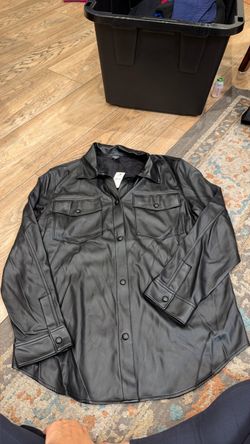 Black Faux Leather Button-Up Shirt Jacket