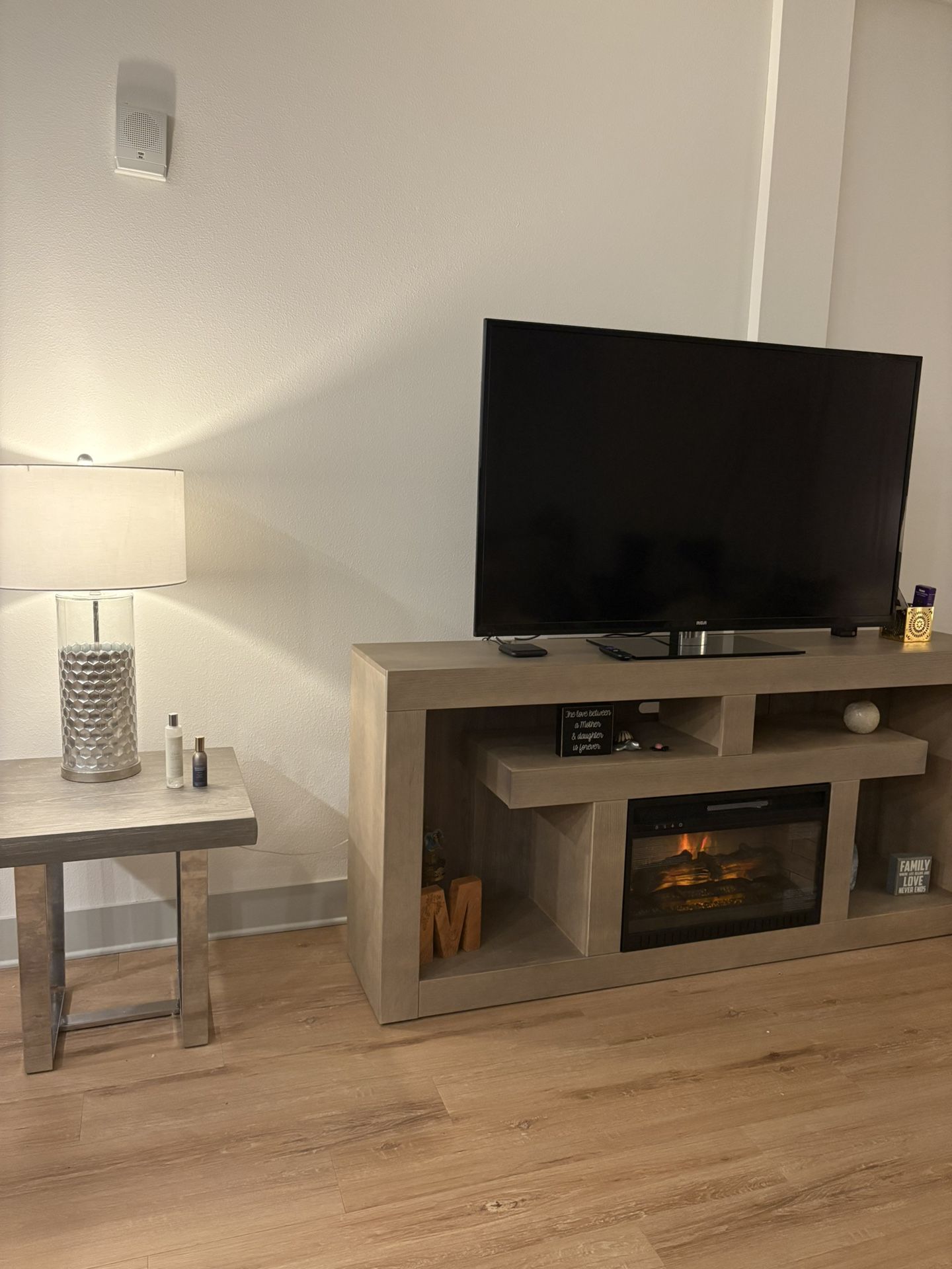 TV, Fire Place, Side Table, Lamp 