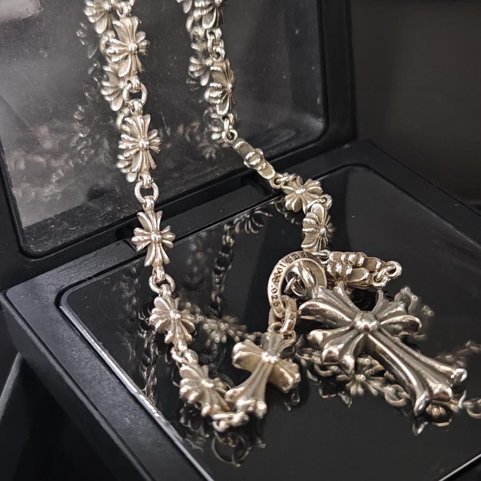 Chrome Necklace Hearts/Dagger/Religion Cross True Silver Rosary Cross Necklace