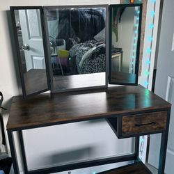 Brown Wood Vanity With Mirror + Stool
