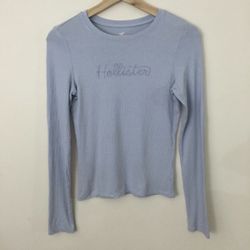 HOLLISTER Light Baby Blue Ribbed Tight Embroidered Long Sleeve Top
