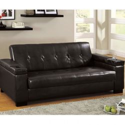 Brown Leatherette Futon Sofa With Storage 