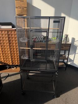 Bird Cage, 24.6 x 16.7 x 53.9 inch, Flat Top, Wrought Iron Bird Flight Cage with Perches, Slide-Out Tray and Plastic Feeders, Casters, for Parrot, Blu