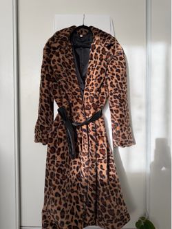 Faux Fur Leopard Print Long Belted Coat - Size L