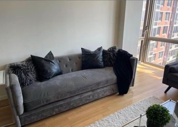 “Gray Velvet Tufted Track-Arm / Tuxedo Sofa – Modern Contemporary – 3 Seater”