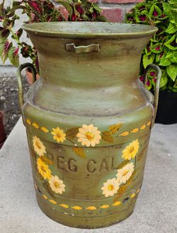 Vintage Metal Milk Can Planter Painted Floral Garden Decor