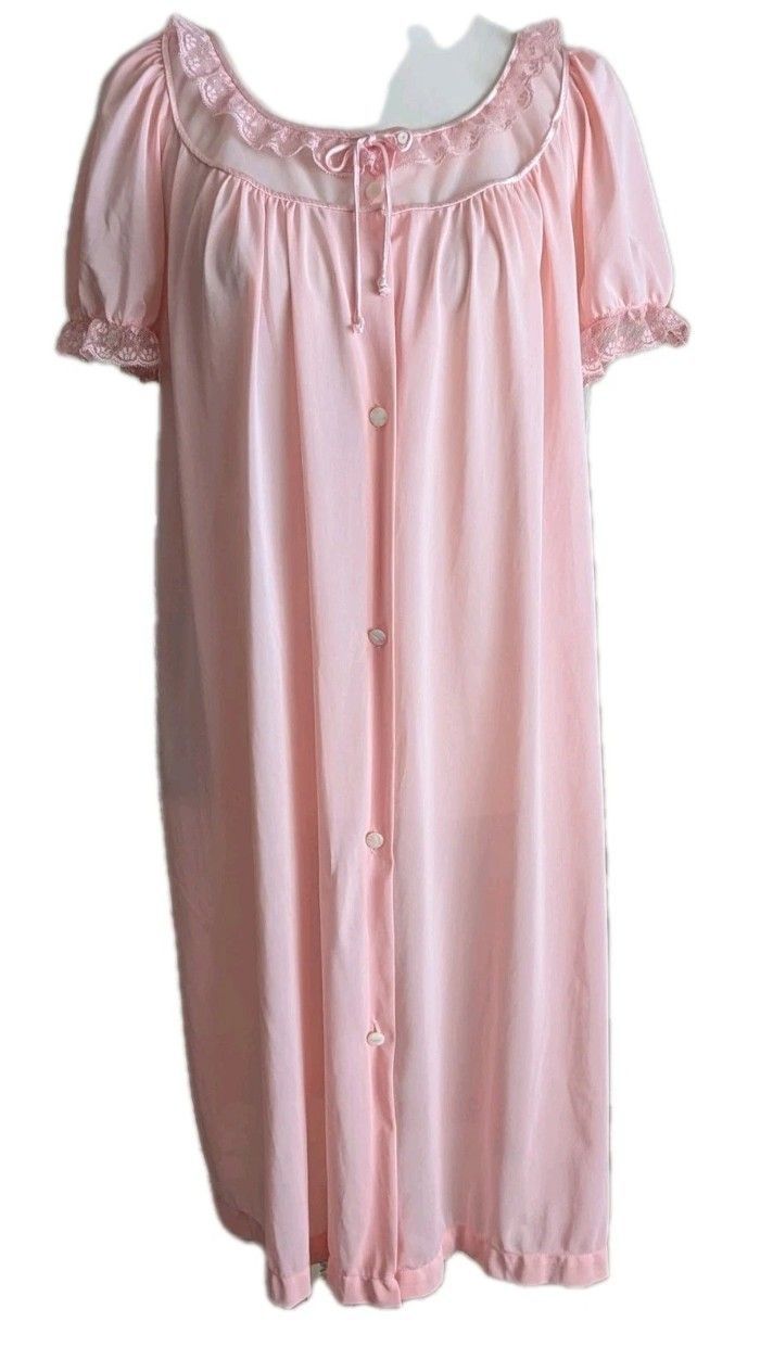 Women's Pink Nylon Nightgown Robe With Pearl Button and Lace Front Size Medium