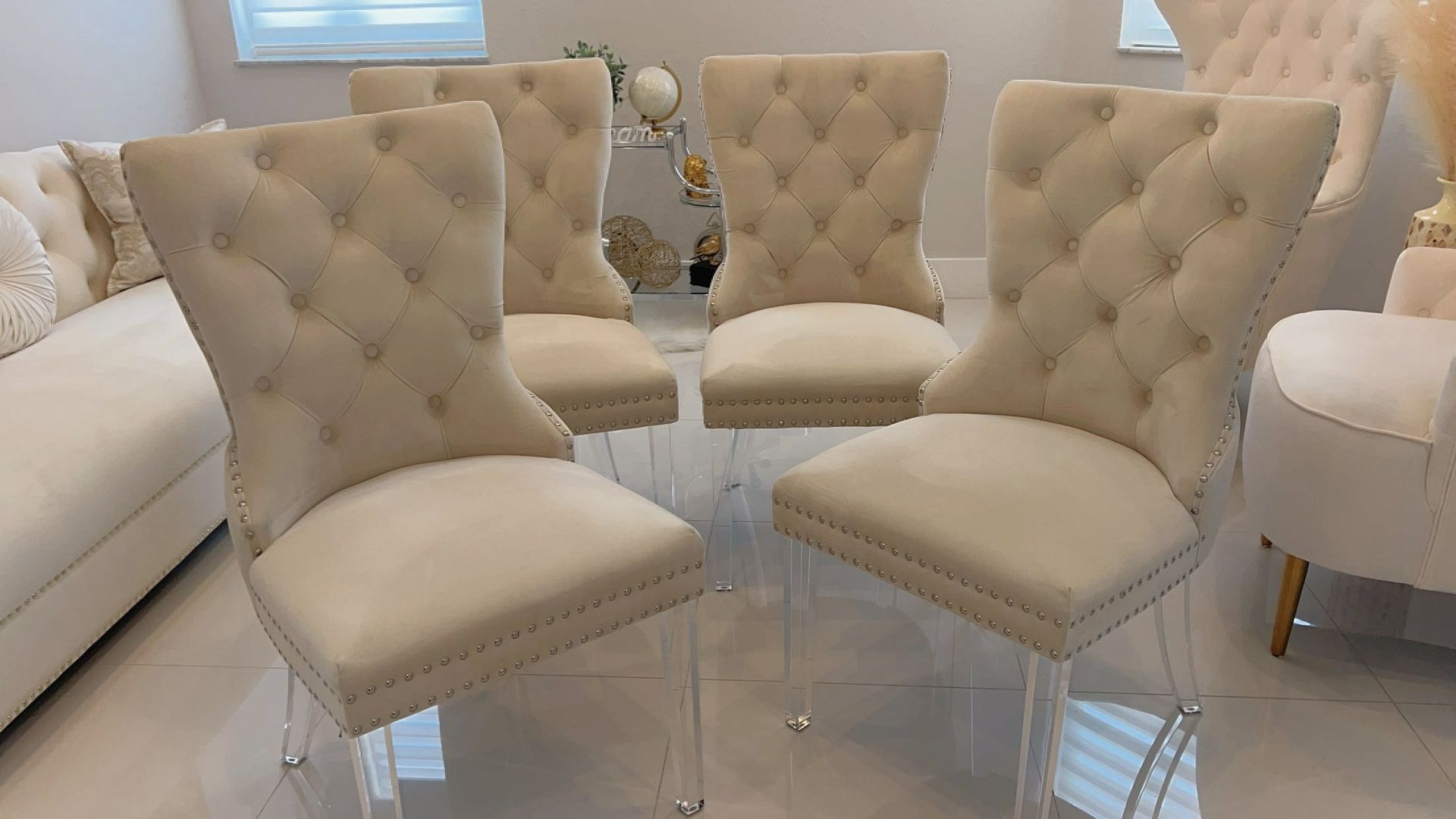Set of 4 Velvet Dining Chairs, Wingback and Tufted Upholstered, Hoop Pull on Back and Solid Acrylic Legs, Contemporary Nikki, for Kitchen, Beige