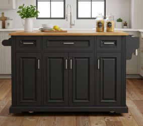 Assembled New 54" Kitchen Island with Rubber Wood Drop Leaf Embossed Texture Rolling Kitchen Storage