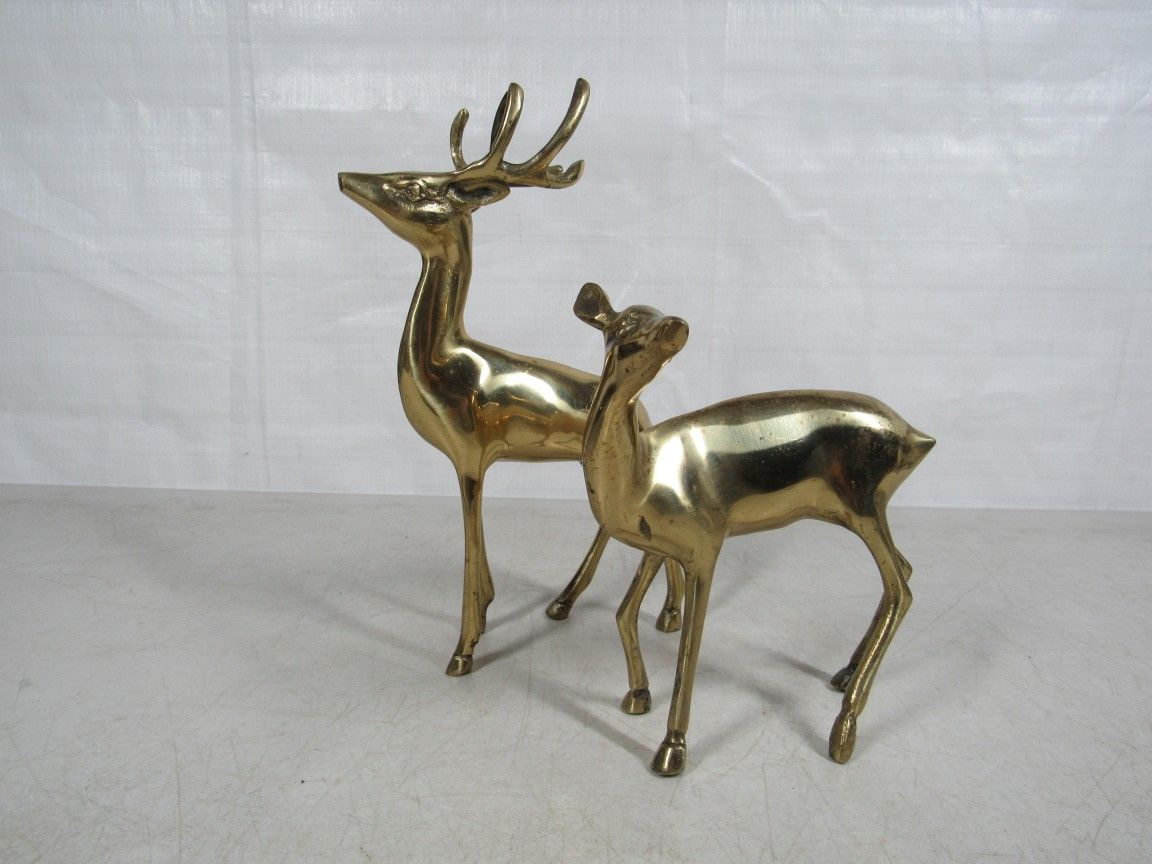 Buck & Doe Vintage Mid Century Solid Brass Deer Statues 9" Tall