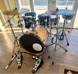 $775. 5 piece drum set Ludwig snare & 10” 14 Export toms PDP FS birch 22” bass new double pedal mixed cymbals stands as pictured $775 cash in Upland