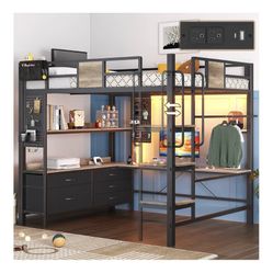 Full Loft Bed with Desk and 5 Storage Drawers, Loft Bed Full Size with Desk,1 Bedside Organizer,Removable Ladder,LED Lights and Charging Station,Cloth