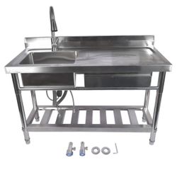 Stainless Steel Kitchen Utility Sink 39" Free Standing Watersink with a drawer L39 × W19.7 × H36 ft