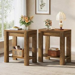 Set of 2 Farmhouse End Table With 2-Tier Storage Shelf For Living Room, Bedroom