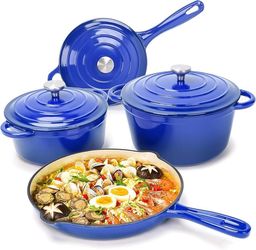 Enameled Cast Iron Cookware Set,7 Piece Dutch Ovens Set,Blue Ceramic Coated Cast Iron,Sauce Pan,Skillet,3 Lids,Pots and Pans Set,Heavy Duty, Gas & Ind