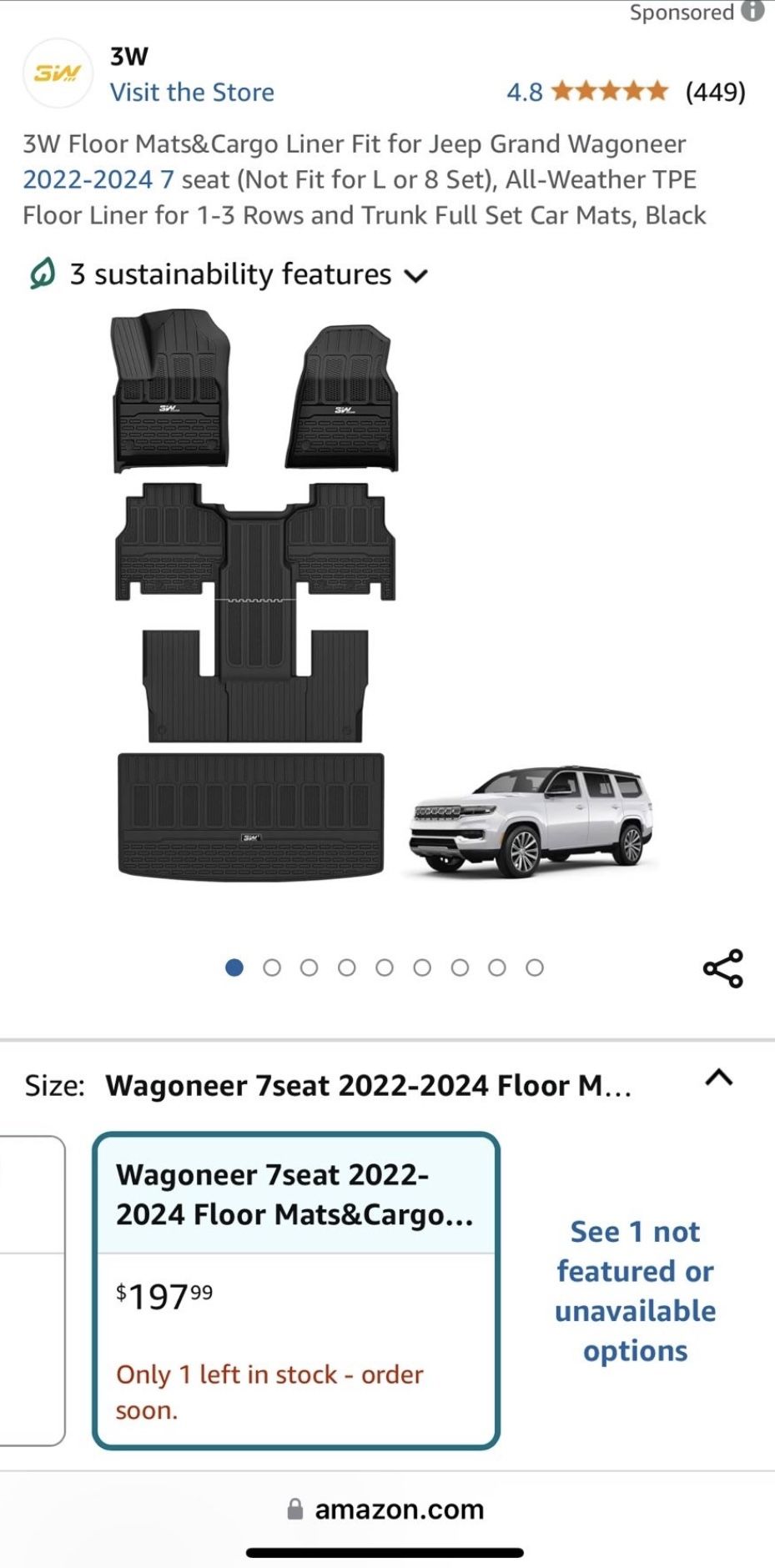 3W Floor Mats&Cargo Liner Fit for Jeep Grand Wagoneer 2022-2024 7 seat