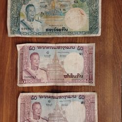 Laos Lao Vintage 3 Bills Currency Banknotes