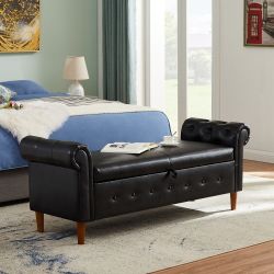 63" Black PU Leather Storage Bench w/ Rolled Arms [NEW] **Retails for $300