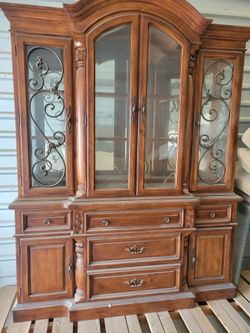 Large Wood China Cabinet Hutch with Glass Doors