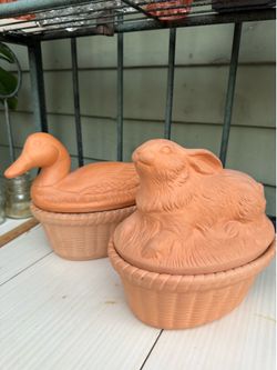 Pair of  Brique Ware vintage terra cotta lidded casseroles