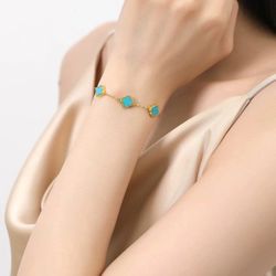 Natural turquoise four-leaf clover bracelet for women, sterling silver plated with 18K gold, high-end jewelry birthday gift
