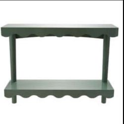 Wood Lacquered Scalloped Wall Shelf With 2 Shelves, Eucalyptus Color
