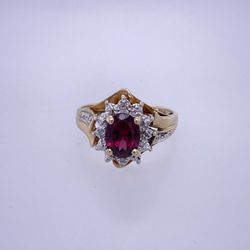 10k Yellow Gold Diamond Ring W/ Red Colored Center Stone