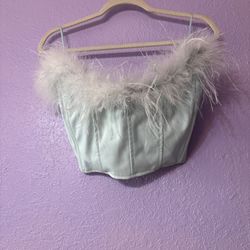 Pleather Corset Tube Top With Feather Trim
