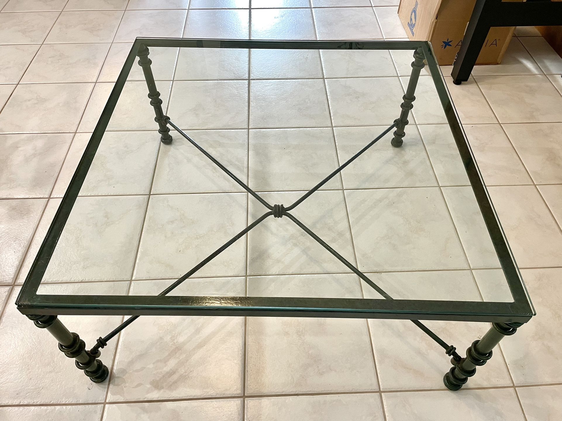 Vintage 1980’s Square Brutalist Metal And Glass Coffee Table