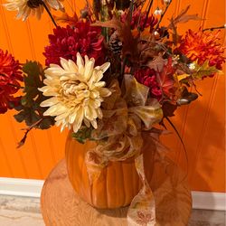 36” TALL LARGE WOODEN PUMPKIN FILLED WITH AUTUMN DRIED FLOWERS HOME DECOR