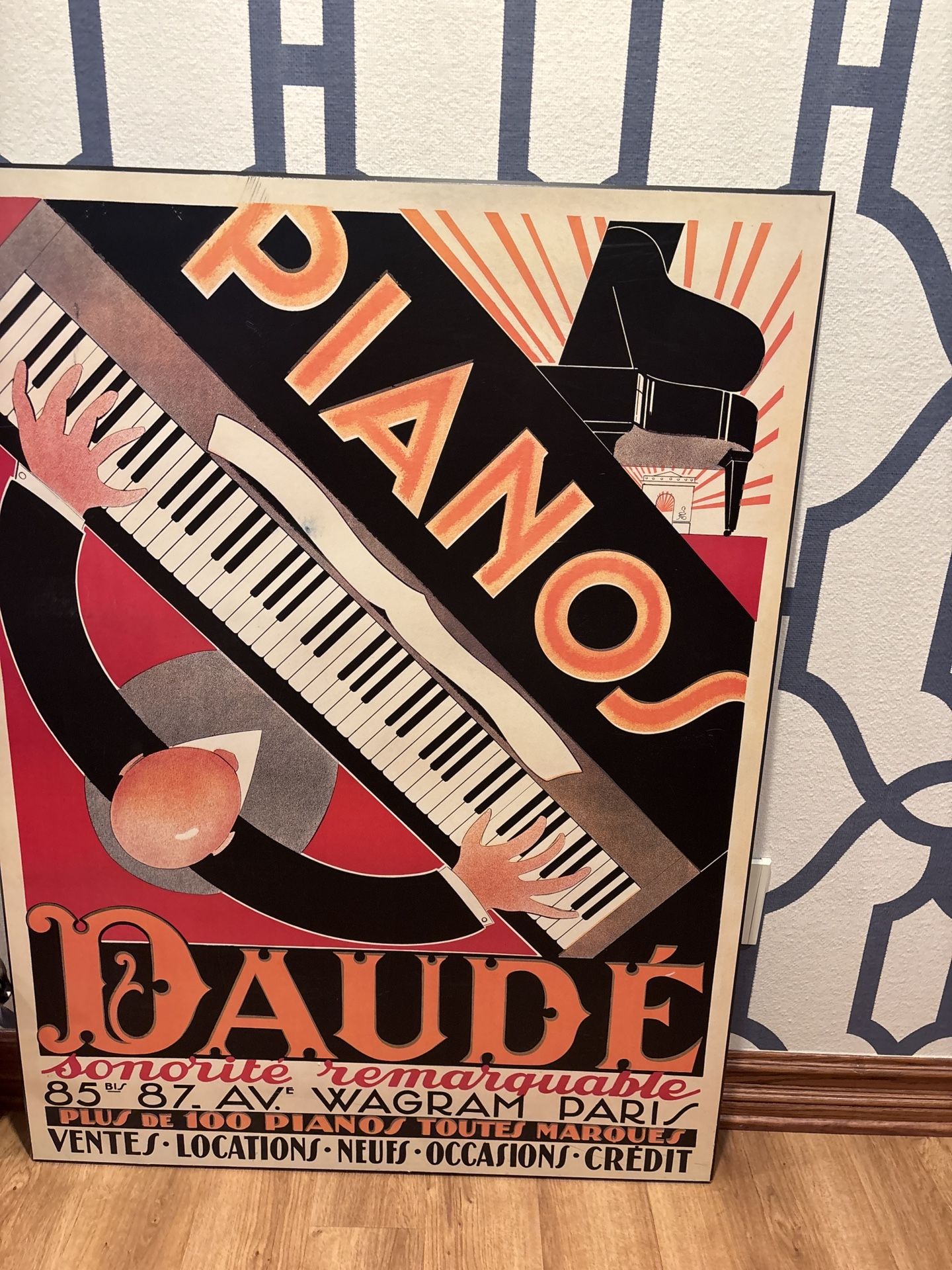 Large 3 x 4 Art Deco–style “Pianos Daudé” poster after Paul Colin on MDF