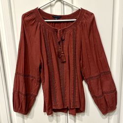 🍑 Pretty boho dark rust orange long sleeve with tie and tassel and cut out design blouse 