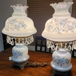 Vintage Large Gone With The WIND Table Lamp Blue Pink Floral  26” Tall With Jewels