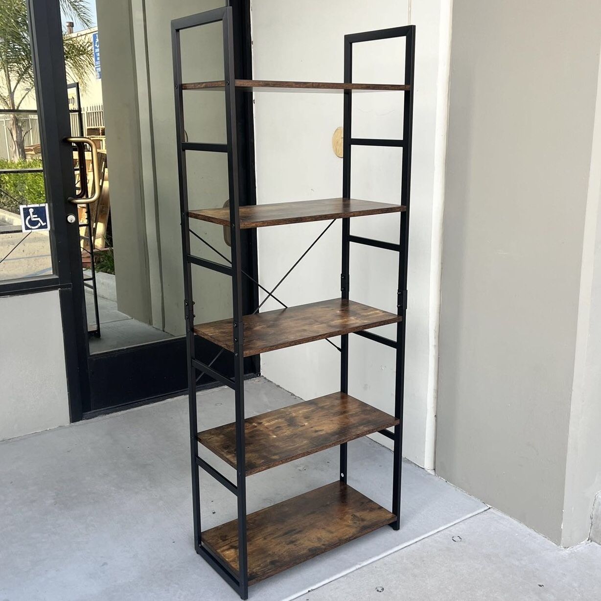 New In Box 24x12x63 Inch Tall 5 Tier Bookshelf Display Shelf Rack Steel Frame Rustic Brown Laminate Wood Furniture