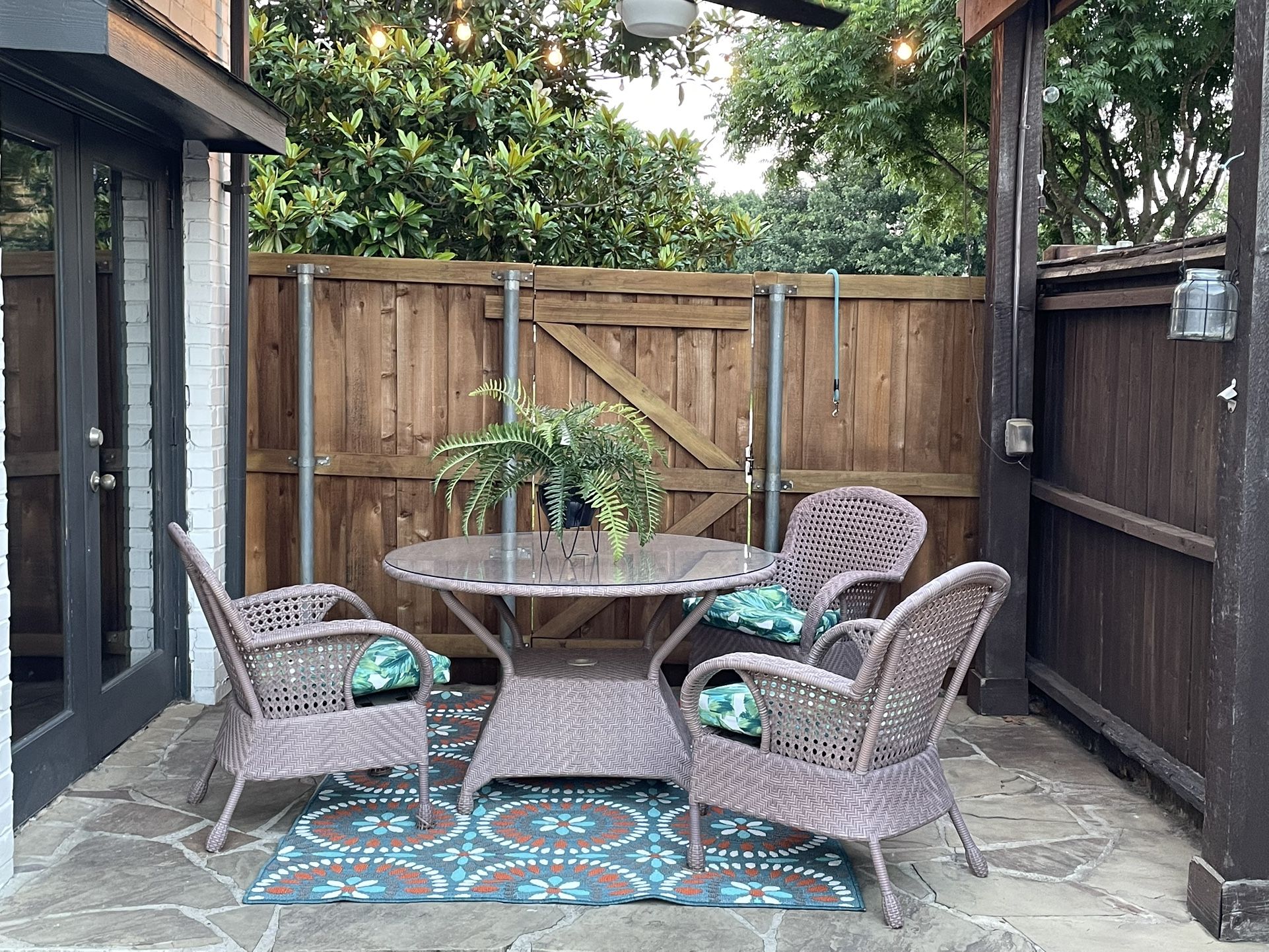 Wicker Table With Glass Top And 3 Chairs. A Couple Of Chair Legs Have Some Wear See Pictures Please. Comfortable Set.o
