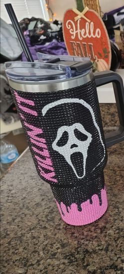 Ghostface Rhinestone Tumbler with Handle and Straw